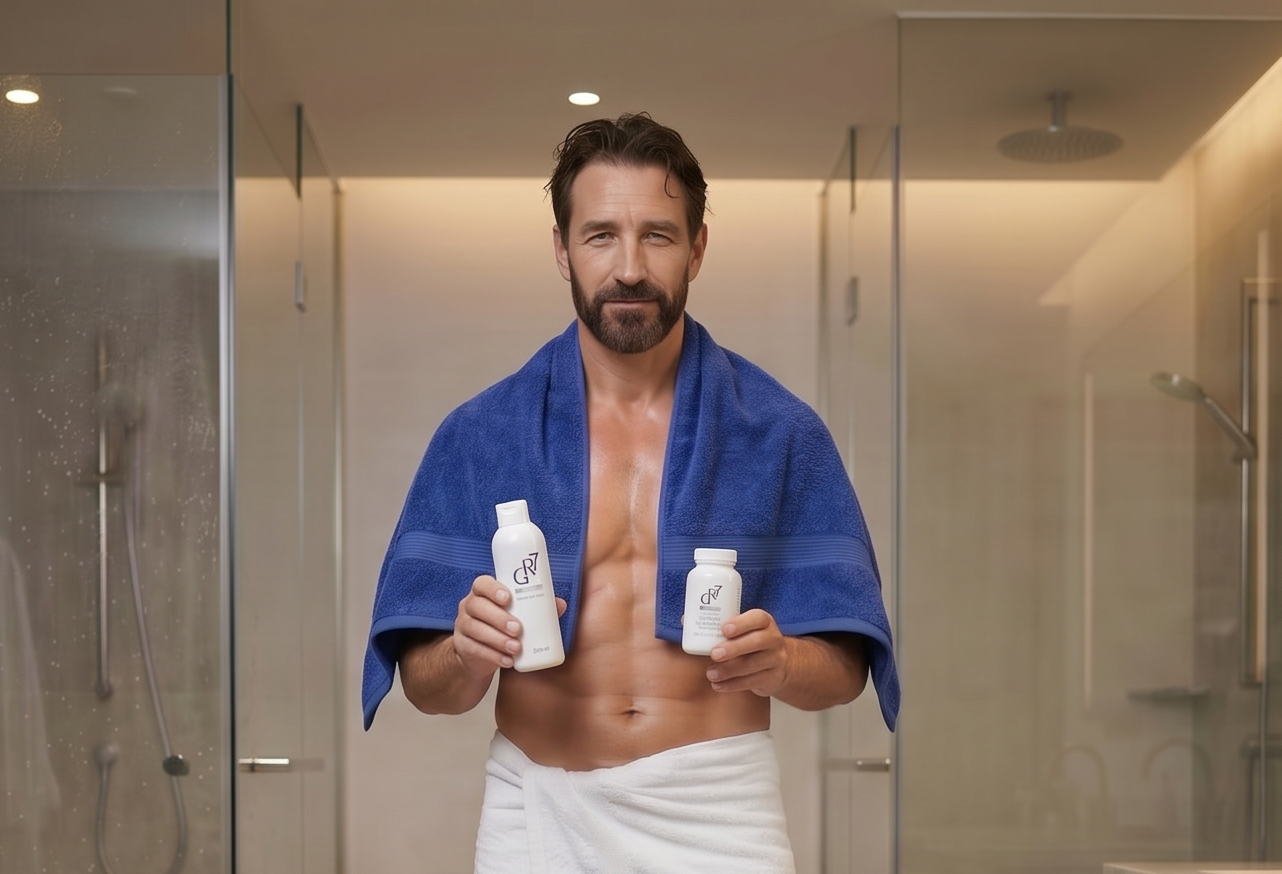 Mann im Bad mit GR-7 Growth Routine